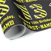 Zwart & Geel Gestreept "13"; 13e verjaardag + Naam Cadeaupapier (Rol Hoek)