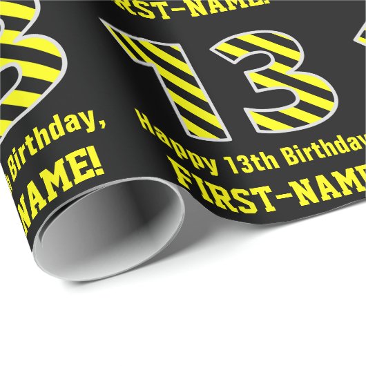 Zwart & Geel Gestreept "13"; 13e verjaardag + Naam Cadeaupapier (Rol Hoek)