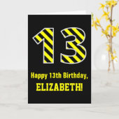 Zwart & Geel Gestreept "13"; 13e verjaardag + Naam Kaart (Gele Bloem)