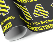 Zwart & Geel Gestreept "14"; 14e Verjaardag + Naam Cadeaupapier (Rol Hoek)