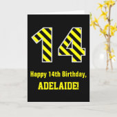 Zwart & Geel Gestreept "14"; 14e Verjaardag + Naam Kaart (Gele Bloem)
