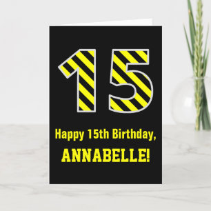 Zwart & Geel Gestreept "15"; 15e Verjaardag + Naam Kaart