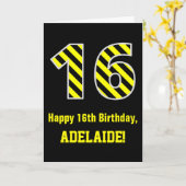 Zwart & geel gestreept "16"; 16e verjaardag + naam kaart (Gele Bloem)