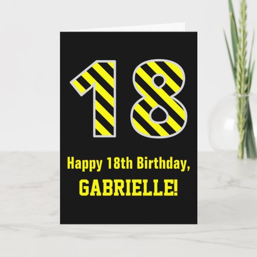 Zwart & geel gestreept "18"; 18e verjaardag + naam kaart (Voorkant)