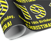 Zwart & Geel Gestreept "19"; 19e Verjaardag + Naam Cadeaupapier (Rol Hoek)