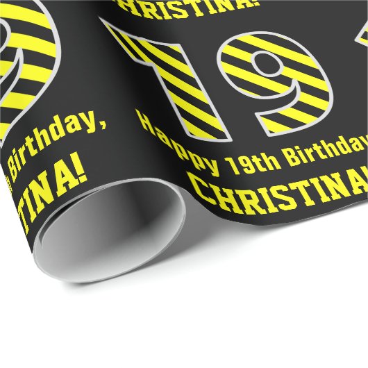 Zwart & Geel Gestreept "19"; 19e Verjaardag + Naam Cadeaupapier (Rol Hoek)
