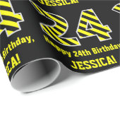 Zwart & Geel Gestreept "24"; 24e Verjaardag + Naam Cadeaupapier (Rol Hoek)