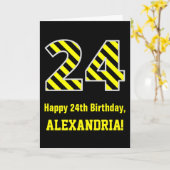Zwart & Geel Gestreept "24"; 24e Verjaardag + Naam Kaart (Gele Bloem)