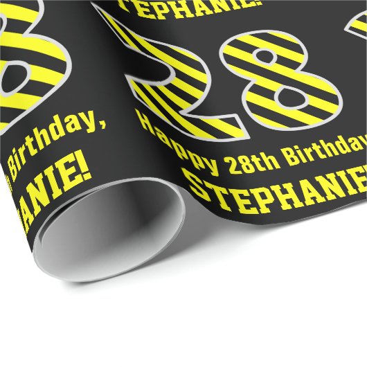 Zwart & Geel Gestreept "28"; 28ste Verjaardag + Na Cadeaupapier (Rol Hoek)