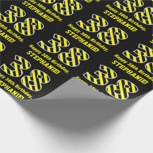 Zwart & geel, gestreept "38"; 38e verjaardag + naa cadeaupapier