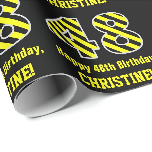 Zwart & Geel Gestreept "48"; 48ste Verjaardag + Na Cadeaupapier (Rol Hoek)