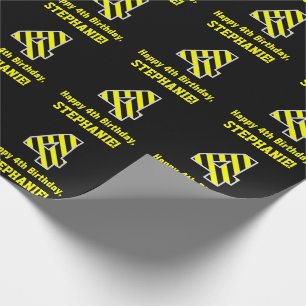 Zwart-geel, gestreept "4"; 4e verjaardag + naam cadeaupapier
