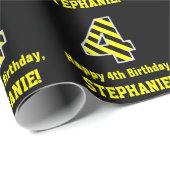 Zwart-geel, gestreept "4"; 4e verjaardag + naam cadeaupapier (Rol Hoek)