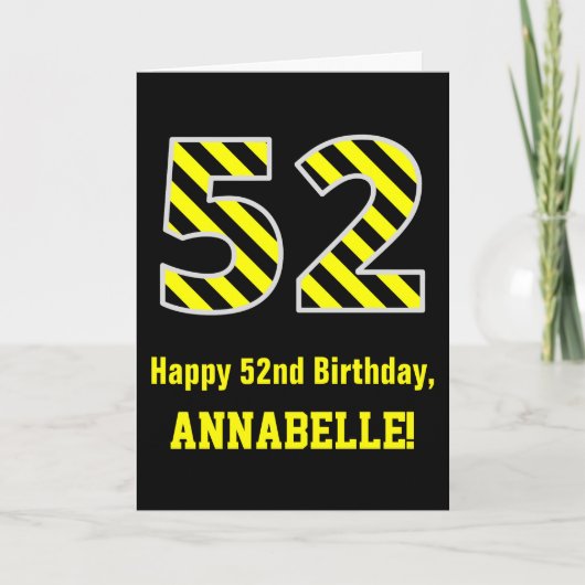 Zwart & Geel Gestreept "52"; 52e Verjaardag + Naam Kaart (Voorkant)