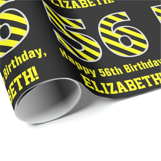 Zwart & Geel Gestreept "56"; 56e Verjaardag + Naam Cadeaupapier (Rol Hoek)