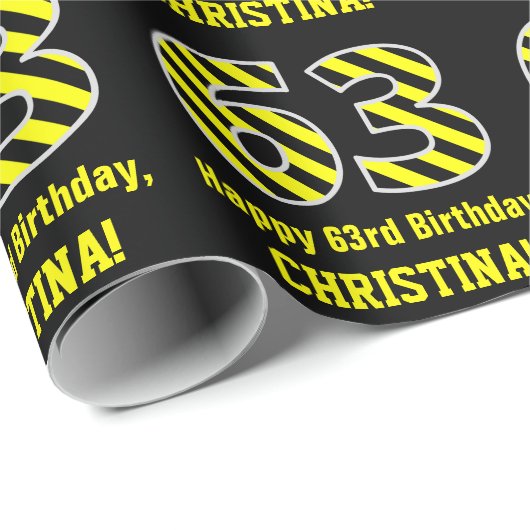 Zwart & Geel Gestreept "63"; 63e Verjaardag + Naam Cadeaupapier (Rol Hoek)