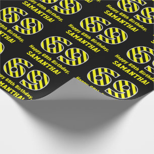 Zwart & Geel Gestreept "69"; 69e Verjaardag + Naam Cadeaupapier