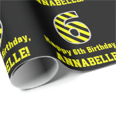 Zwart & Geel Gestreept "6"; 6e Verjaardag + Naam Cadeaupapier (Rol Hoek)