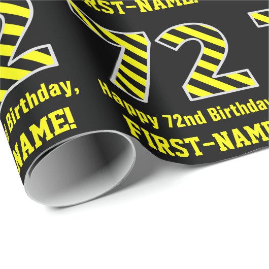 Zwart & Geel Gestreept "72"; 72e Verjaardag + Naam Cadeaupapier (Rol Hoek)