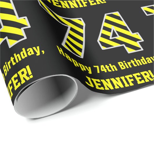 Zwart & Geel Gestreept "74"; 74e Verjaardag + Naam Cadeaupapier (Rol Hoek)