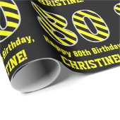 Zwart & Geel Gestreept "80"; 80ste Verjaardag + Na Cadeaupapier (Rol Hoek)