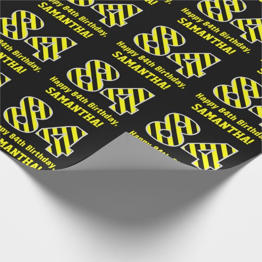 Zwart & Geel Gestreept "84"; 84e Verjaardag + Naam Cadeaupapier (Hoek)