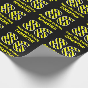 Zwart & Geel Gestreept "86"; 86e Verjaardag + Naam Cadeaupapier