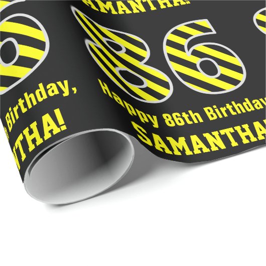 Zwart & Geel Gestreept "86"; 86e Verjaardag + Naam Cadeaupapier (Rol Hoek)