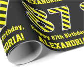 Zwart & Geel Gestreept "87"; 87e Verjaardag + Naam Cadeaupapier (Rol Hoek)