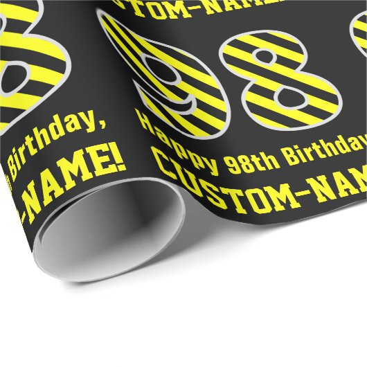 Zwart & geel, gestreept "98"; 98e verjaardag + naa cadeaupapier (Rol Hoek)