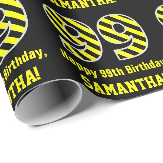 Zwart & geel, gestreept "99"; 99e verjaardag + naa cadeaupapier (Rol Hoek)