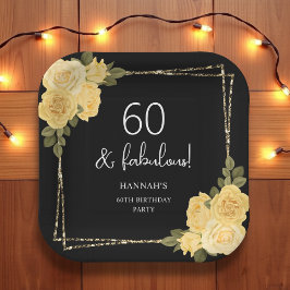Zwart Geel & Goud Bloemen 60ste Verjaardag Papieren Bordje