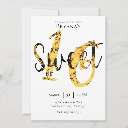 Zwart Geel Goud Modern Sweet 16 Verjaardagsfeest Kaart (Voorkant)