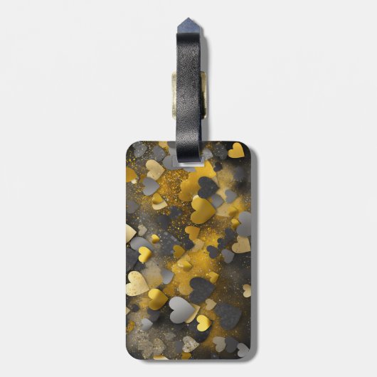 Zwart geel grijs glitter harten bagagelabel (Achterkant verticaal)