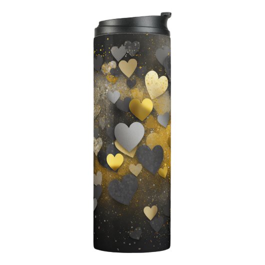 Zwart geel grijs glitter harten thermosbeker (Gedraaid links)