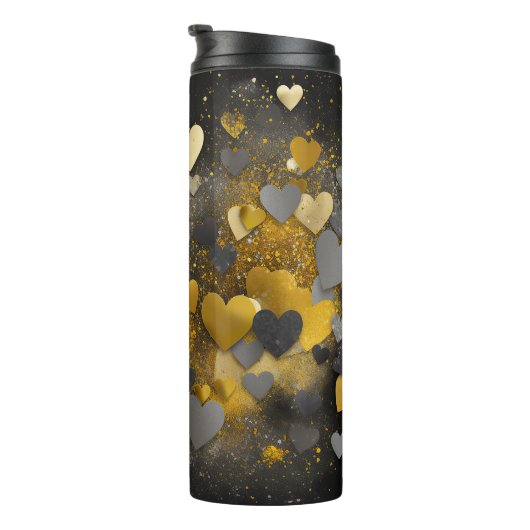Zwart geel grijs glitter harten thermosbeker (Geroteerd rechts)
