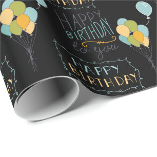 Zwart Geel Groen Blauw Gelukkige Verjaardagsballon Cadeaupapier