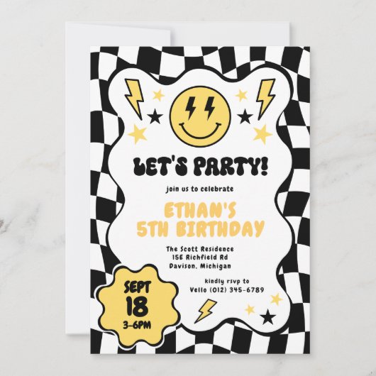 Zwart Geel Groovy Glimlach Geruit Retro Verjaardag Kaart (Voorkant)