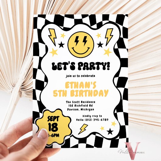 Zwart Geel Groovy Glimlach Geruit Retro Verjaardag Kaart