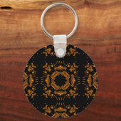 Zwart, geel koperen Floral Damascus Retro Patroon Sleutelhanger (Voorkant)