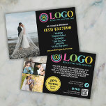 Zwart Geel Logo Foto's Promo Small Business Flyer<br><div class="desc">Zwarte, gele en turquoise marketingflyers voor uw kleine bedrijf gepersonaliseerd met uw logo, foto's, QR-code en aangepaste tekst. Gepersonaliseerde promo flyers voor uw kleine bedrijf, misschien fotografie, landschapsarchitectuur, schoonheid, wellness en meer. Voeg foto's, adres, sociale media, telefoonnummer en alle informatie toe die uw toekomstige klanten en klanten nodig hebben. Generieke...</div>