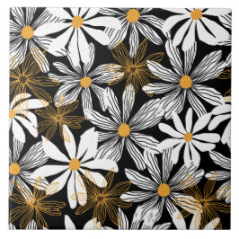 Zwart Geel Modern Daisy Bloemen Abstract Patroon Tegeltje