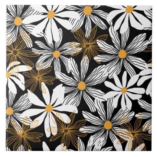 Zwart Geel Modern Daisy Bloemen Abstract Patroon Tegeltje (Voorkant)