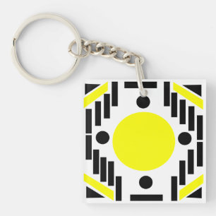 Zwart Geel Modern Geometrisch Mandala Patroon Sleutelhanger