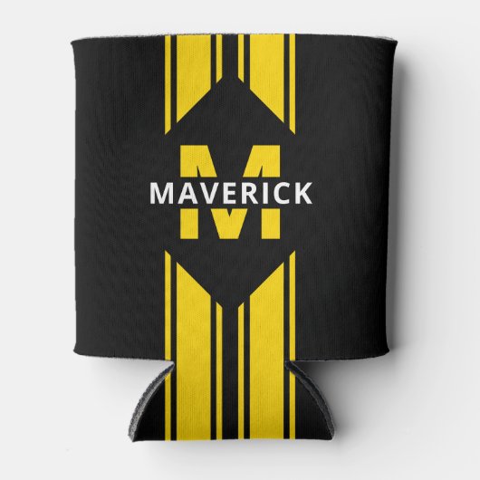 Zwart geel monogram en naam blikjeskoeler (Voorkant)