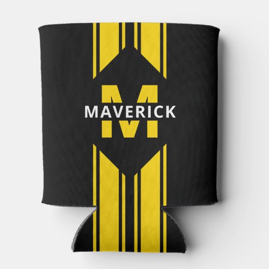 Zwart geel monogram en naam blikjeskoeler (Achterkant)