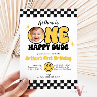 Zwart Geel ONE HAPPY DUDE Foto Groovy Verjaardag Kaart