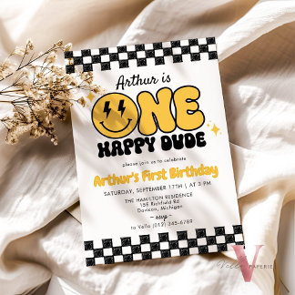 Zwart Geel ONE HAPPY DUDE Retro Groovy Verjaardag Kaart