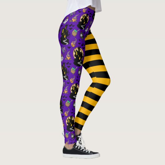 Zwart Geel Paarse Heksenhuis Halloween Outfit Leggings (Rechts)