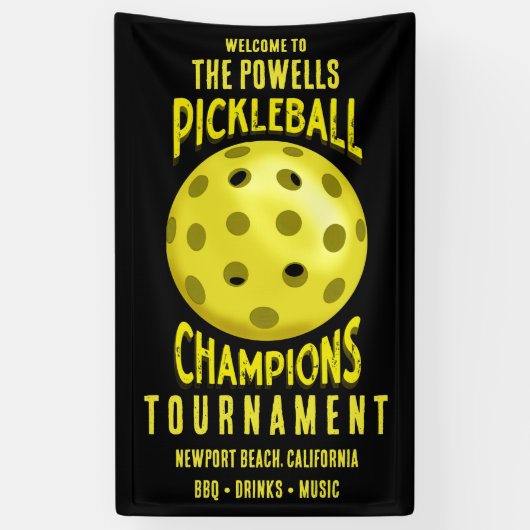 Zwart Geel Pickleball Toernooi Spandoek (Verticaal)